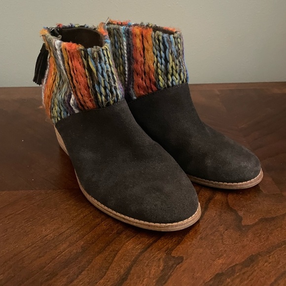 Toms Leila Sweater Knit Ankle Boots Womens Sz 8 Brown Suede Textile Block Heels - Picture 2 of 6